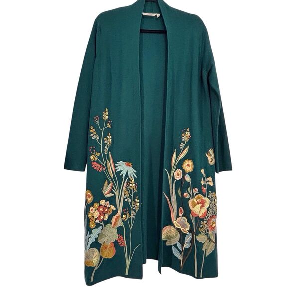 Soft Surroundings Floral Embroidered Duster Long Cardigan Wool Small Pockets - Picture 1 of 9